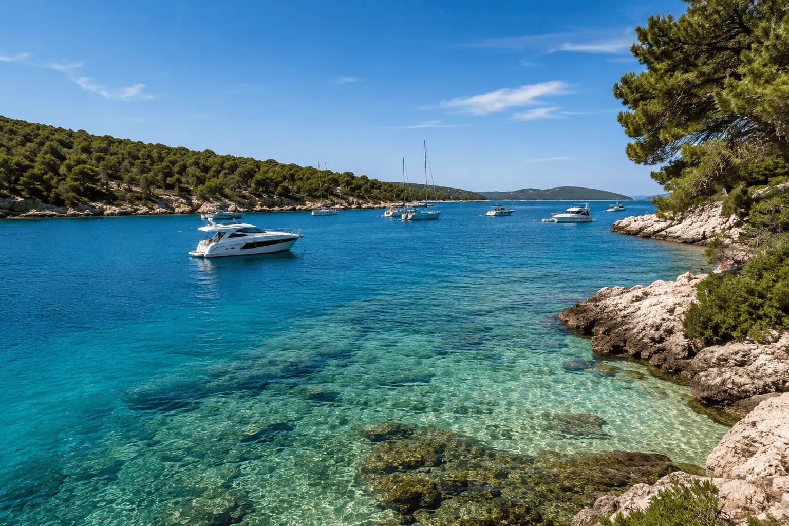 Punat im Kvarner, PrimaMare-Pilotrevier — Stille kroatische Ankerbucht mit klarem Wasser.