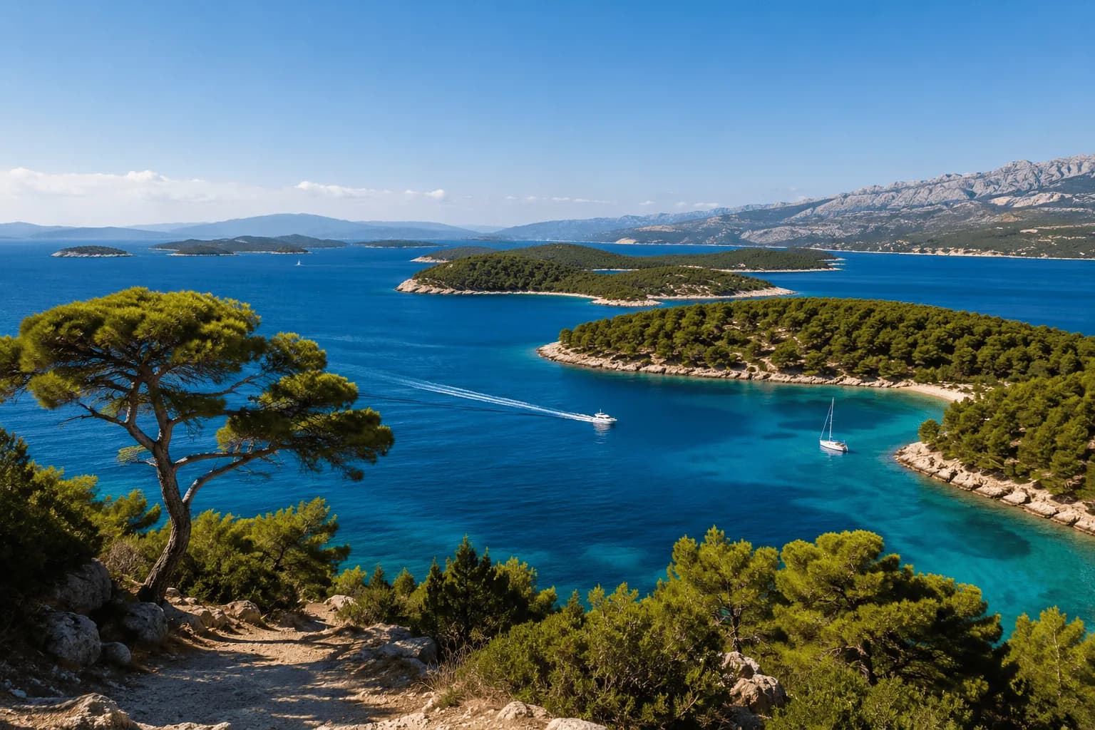Punat im Kvarner, PrimaMare-Pilotrevier — Kvarner-Inselwelt mit ruhiger See zwischen bewaldeten Ufern.