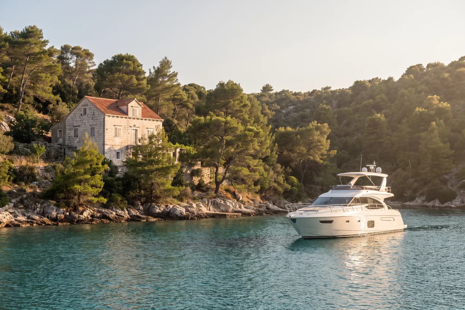Adriatische Bucht mit einem Steinhaus am Ufer und einer Motoryacht vor Anker.