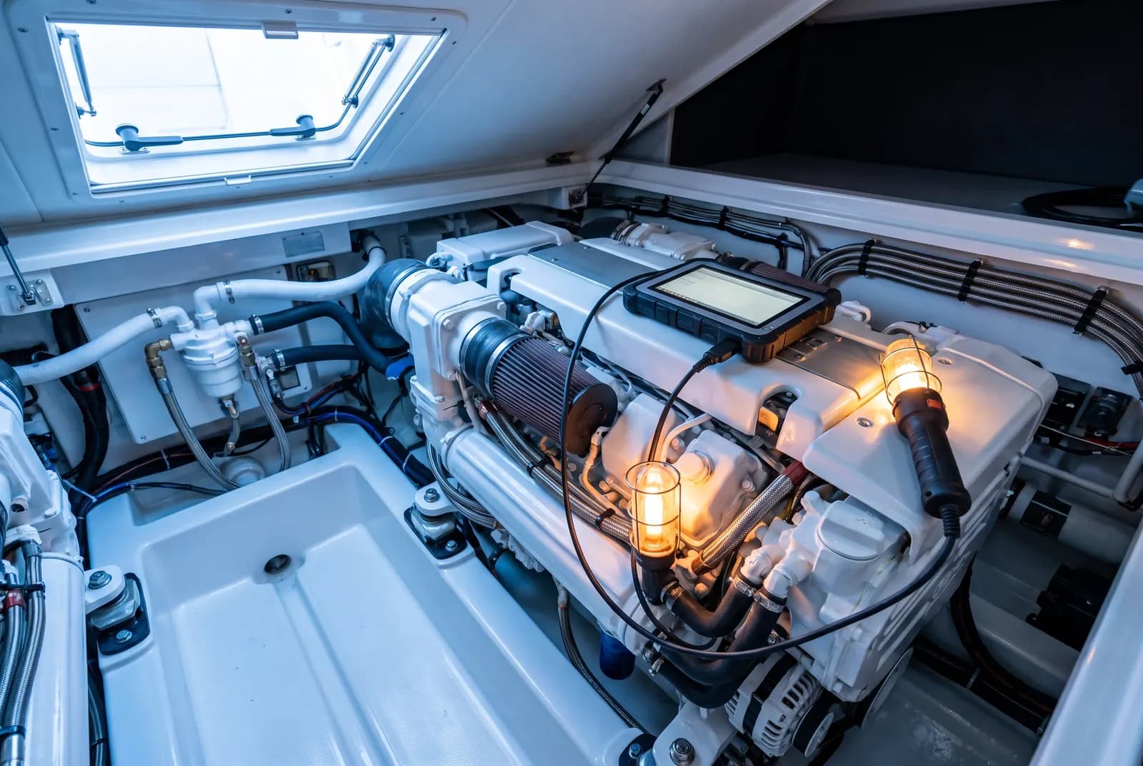 Maschinenraum einer Flybridge-Motoryacht — Motorblock mit angeschlossenem Diagnosegerät und Inspektionslampe.