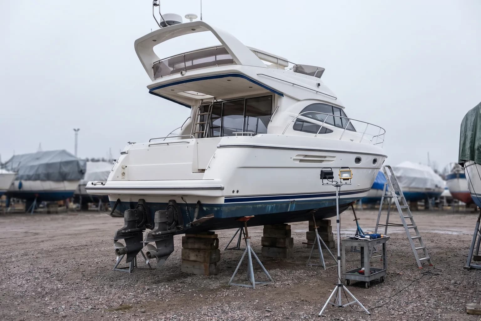 Motoryacht an Land im Winterlager — aufgebockter Rumpf mit frei zugänglichem Antrieb.