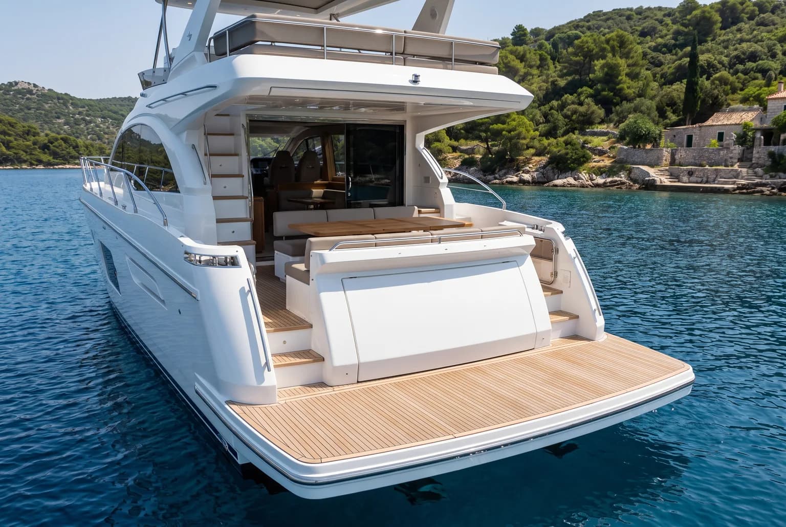 PrimaMare Grand, 18,5 bis 22 Meter — Heckansicht mit Teak-Badeplattform und offenem Cockpit.