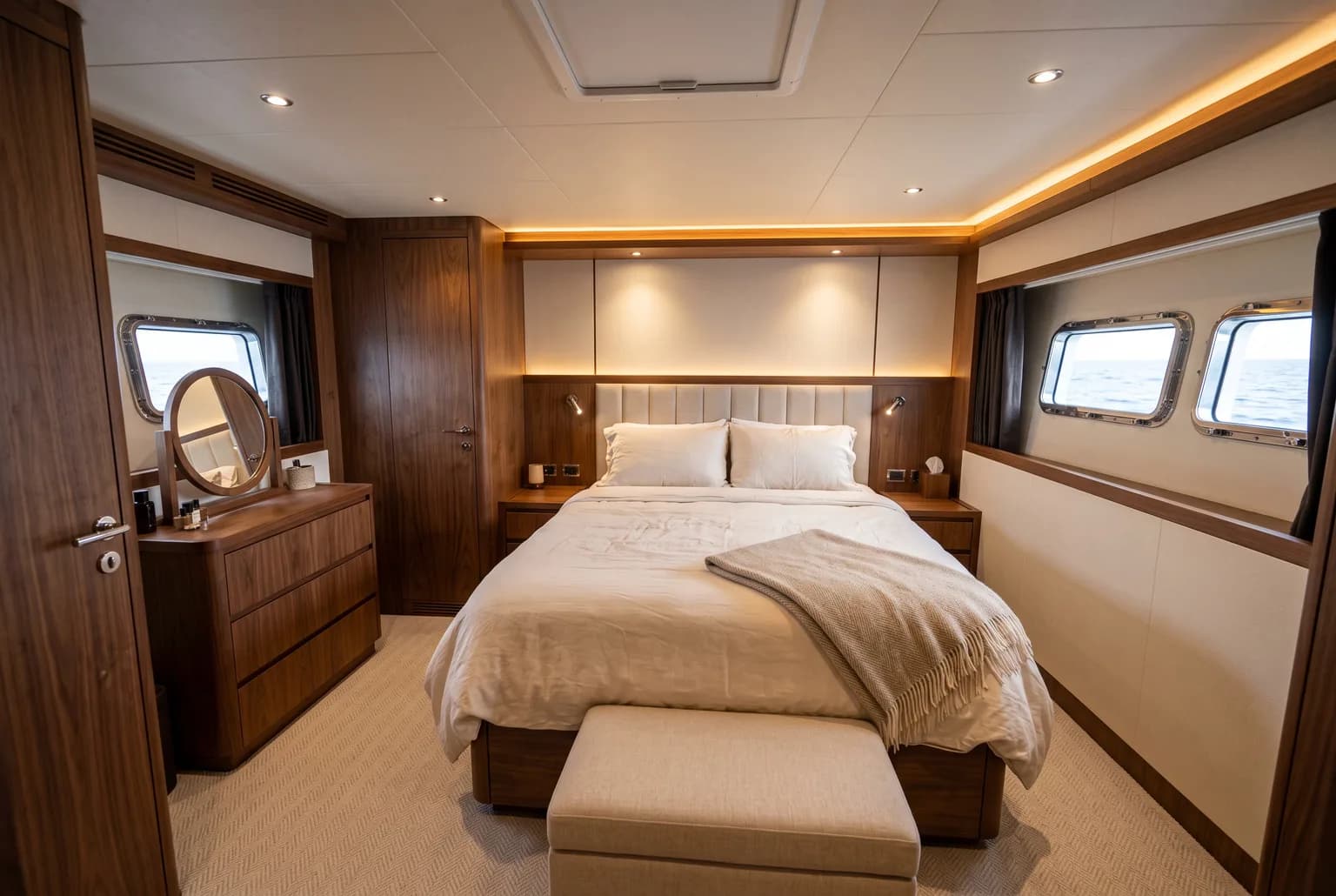 PrimaMare Grand, 18,5 bis 22 Meter — Eignerkabine mit Doppelbett, Holzverkleidung und Seitenfenstern.