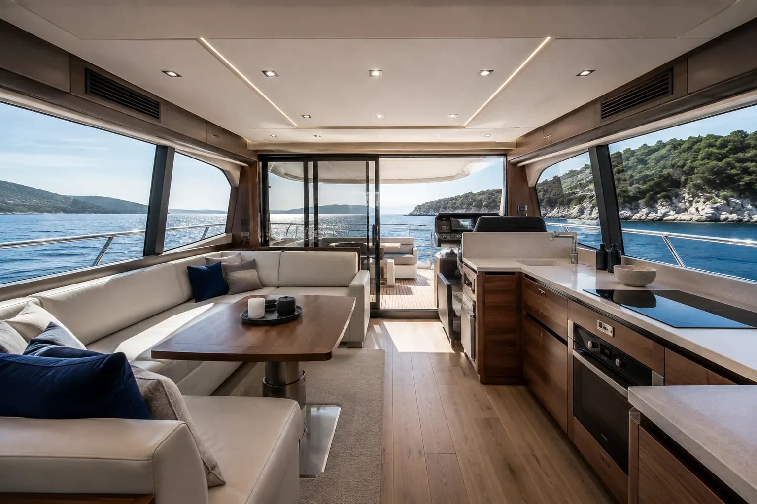 PrimaMare Premier, 15 bis 18,5 Meter — Salon mit Sitzgruppe, Panoramafenstern und offener Pantry.