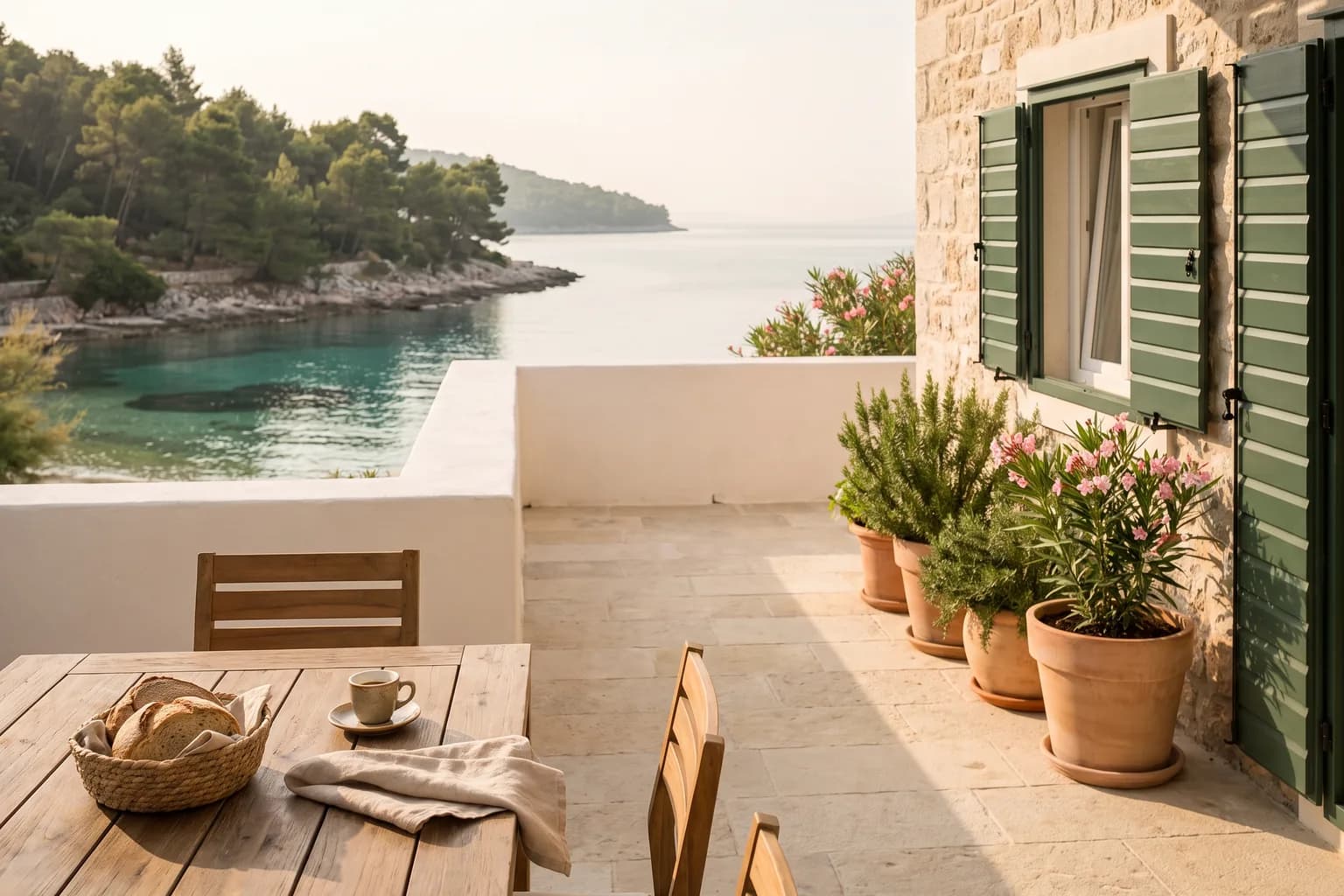 Ferienwohnung an der Adria — Terrasse am Morgen mit gedecktem Tisch und Blick auf die Bucht.