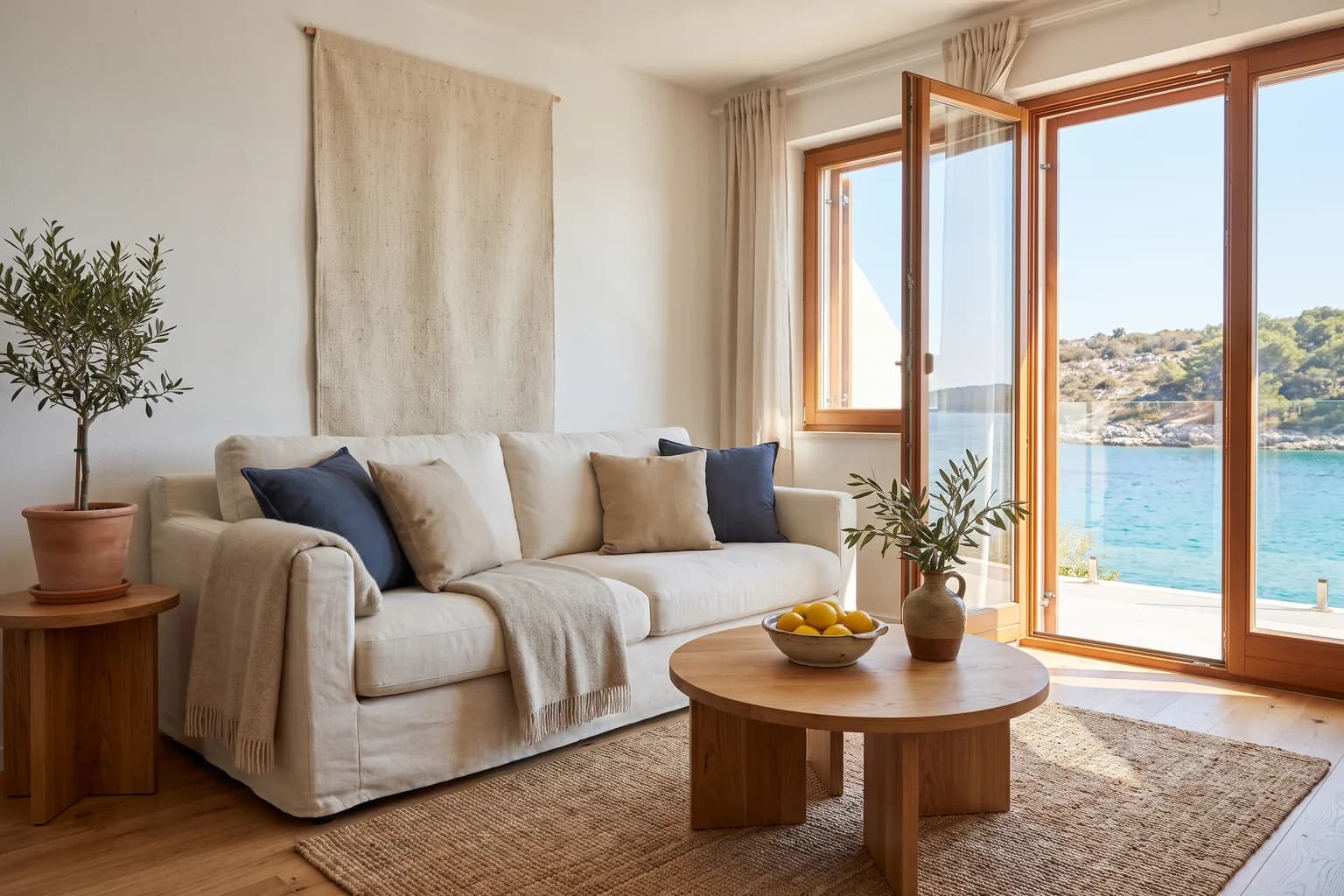 Ferienwohnung an der Adria — Wohnraum bei Tageslicht mit offener Terrassentür zum Meer.