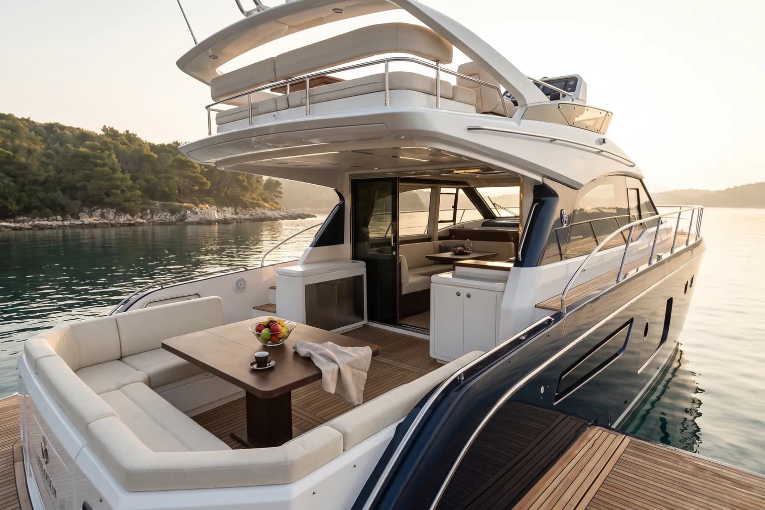 PrimaMare Premier, 15 bis 18,5 Meter — Frühstück auf dem Achterdeck vor Anker in einer Bucht.