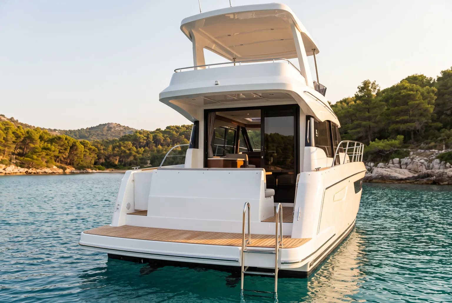 PrimaMare Essential, 12 bis 15 Meter — Heckansicht mit Teak-Badeplattform und offenem Cockpit.