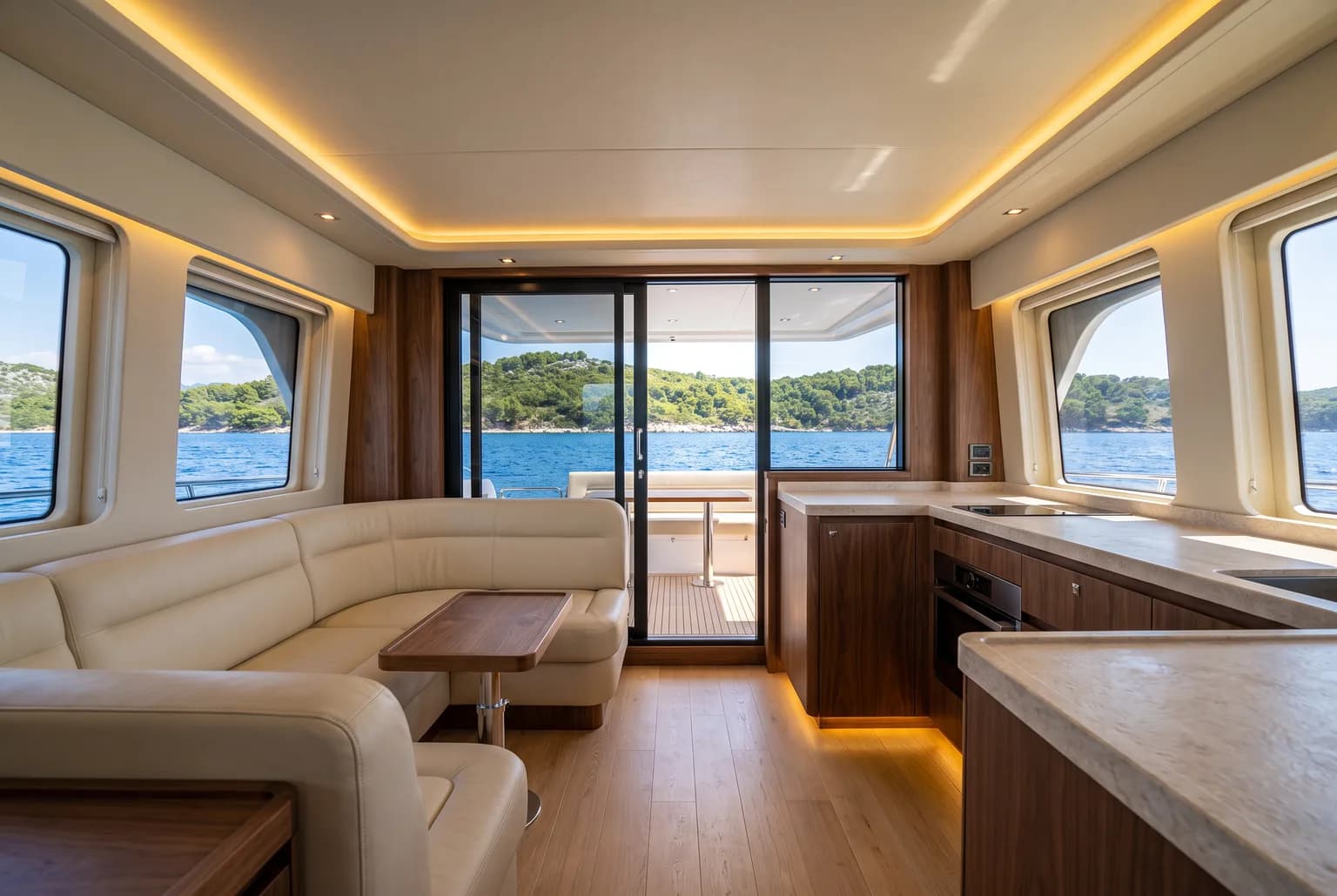 PrimaMare Essential, 12 bis 15 Meter — Salon mit Sitzgruppe, Panoramafenstern und offener Pantry.