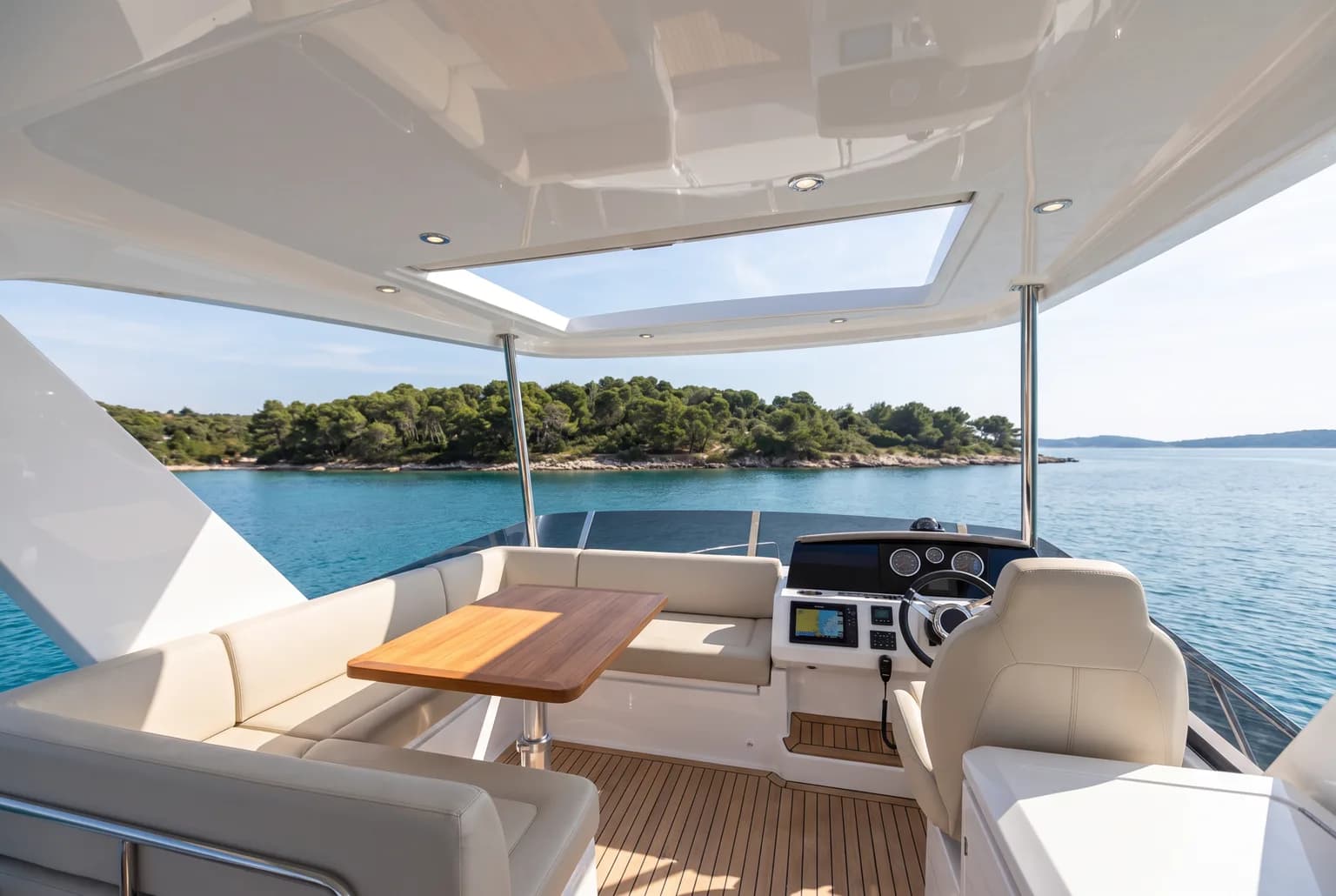 PrimaMare Essential, 12 bis 15 Meter — Flybridge mit Außensteuerstand, Sitzgruppe und Teakdeck.