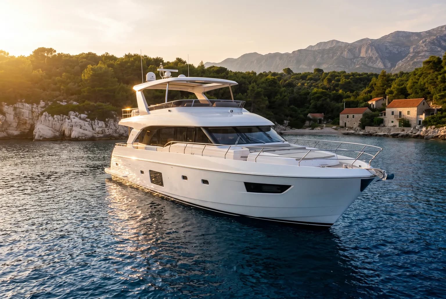 PrimaMare Grand, 18,5 bis 22 Meter — Außenansicht schräg von vorn vor der kroatischen Küste im Abendlicht.