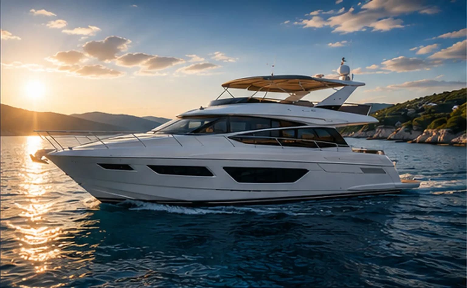 PrimaMare Premier, 15 bis 18,5 Meter — Außenansicht schräg von vorn vor der kroatischen Küste im Abendlicht.