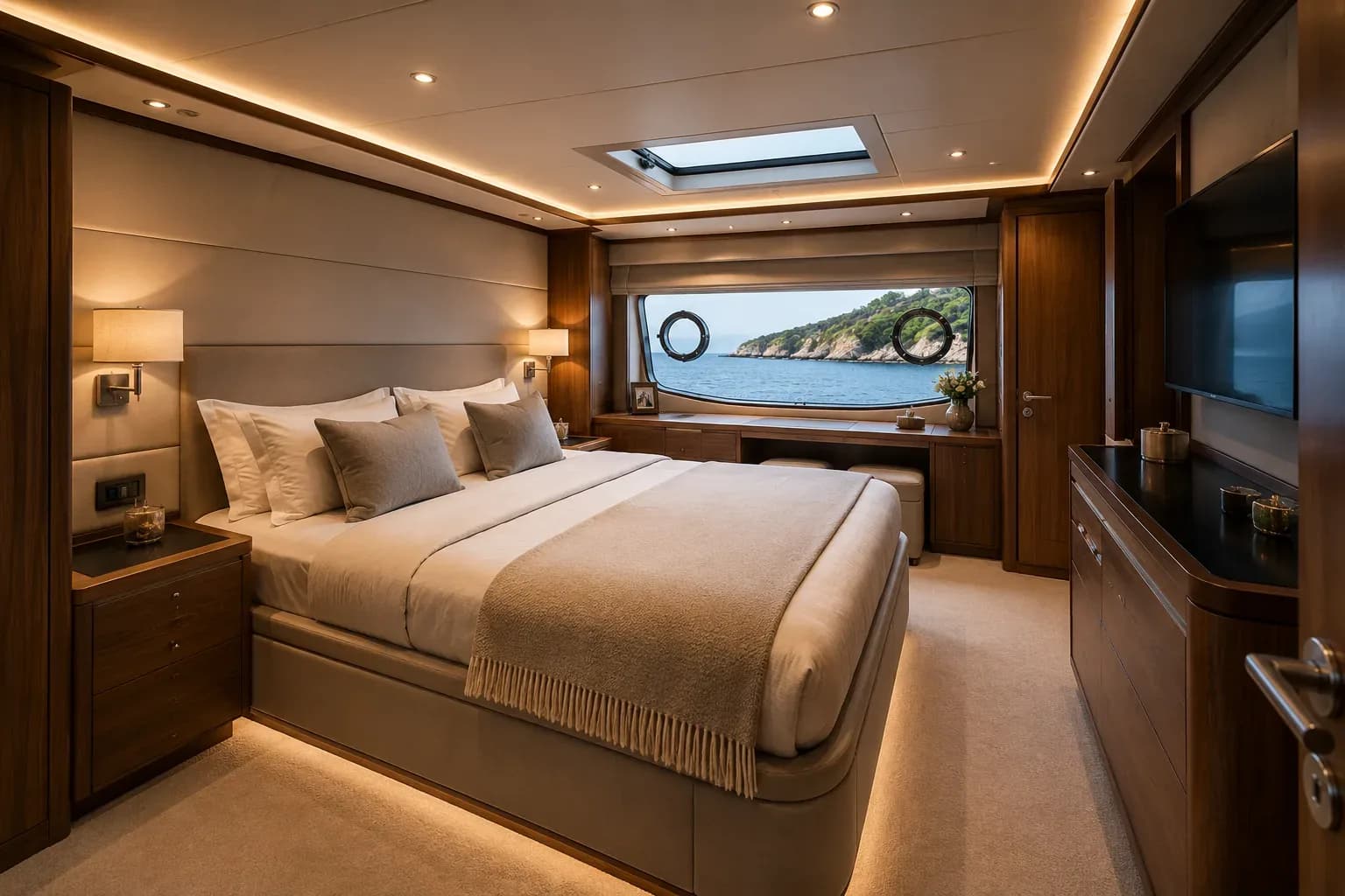 PrimaMare Premier, 15 bis 18,5 Meter — Eignerkabine mit Doppelbett, Holzverkleidung und Seitenfenstern.