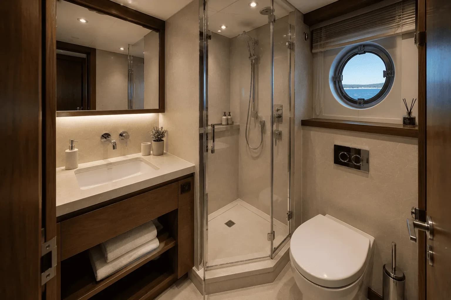PrimaMare Premier, 15 bis 18,5 Meter — Bordbad mit Waschtisch, Spiegel und abgetrennter Dusche.